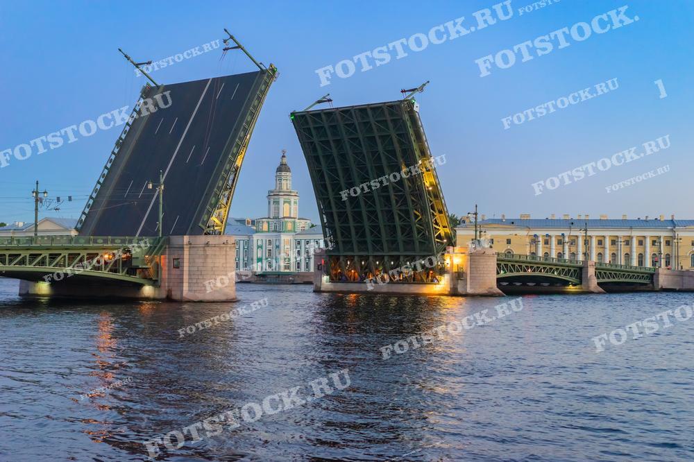 Это фотография знаменитого разведённого Дворцового моста через Неву в Санкт-Петербурге во время белых ночей. Сумерки озаряют небо мягким светом, а отражение освещённых разводных пролётов моста в воде создаёт волшебное и живописное зрелище. 
Это изображение идеально подходит для использования в туристической рекламе, путеводителях по Санкт-Петербургу или как элемент дизайна, отражающий уникальность города.